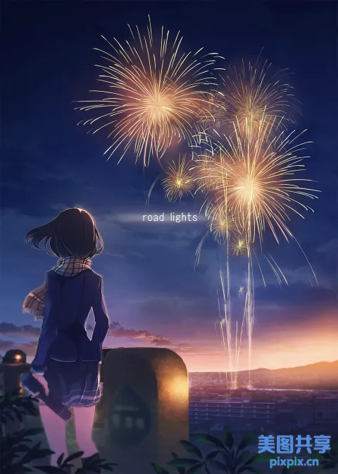动漫女孩在山顶上观看烟花表演