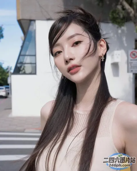 一位留着长发的女人站在一栋建筑前
