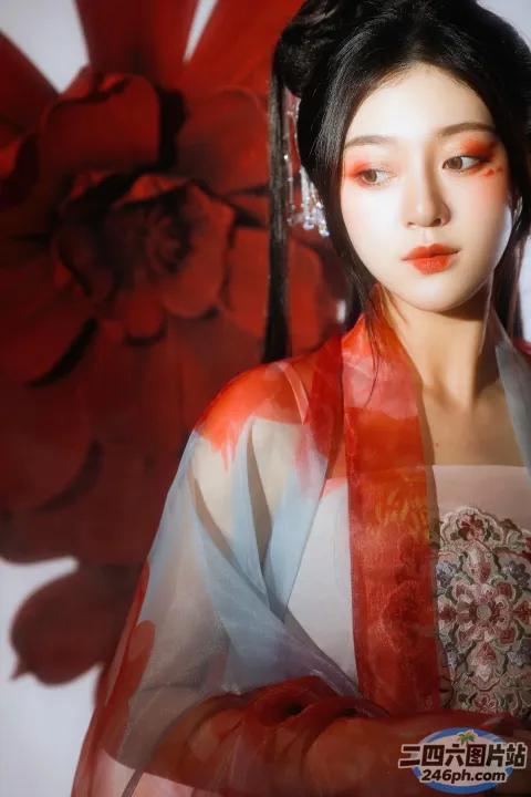 有一位身穿红白相间连衣裙的女子摆姿势拍照
