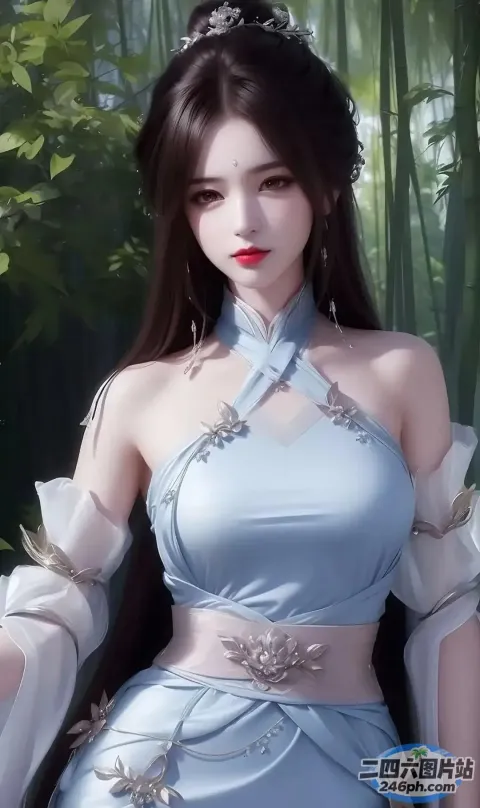 一个穿着蓝色连衣裙的女人摆姿势拍照的特写