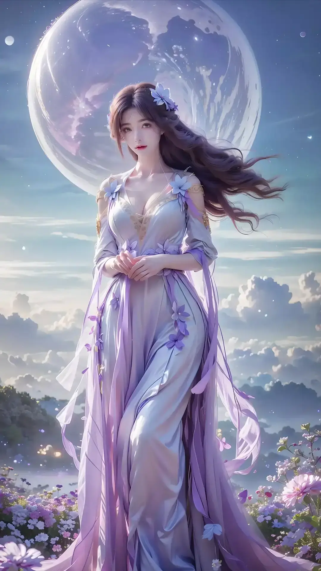 一个穿着长裙的女人站在花田里