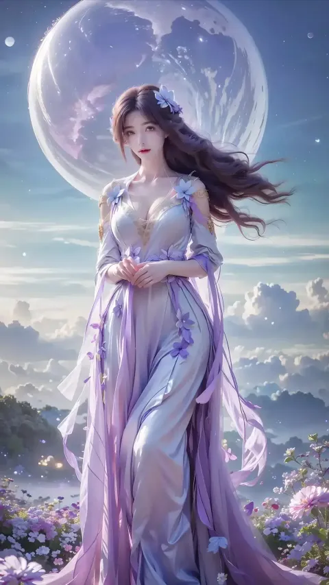 一个穿着长裙的女人站在花田里