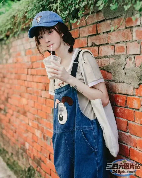 戴着蓝色帽子和工作服的 Araffe 喝着饮料