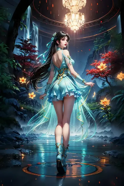 一个穿着蓝色连衣裙的女人穿过森林