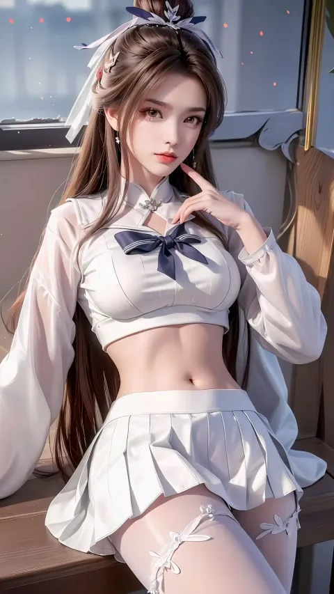 一个身穿白色衣服的女人摆姿势拍照的特写