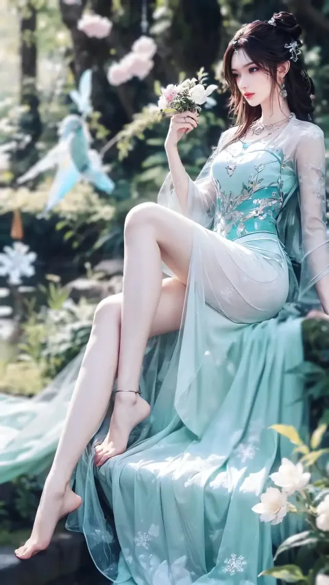 身穿蓝色连衣裙的阿拉夫女人坐在长凳上，手里有鲜花