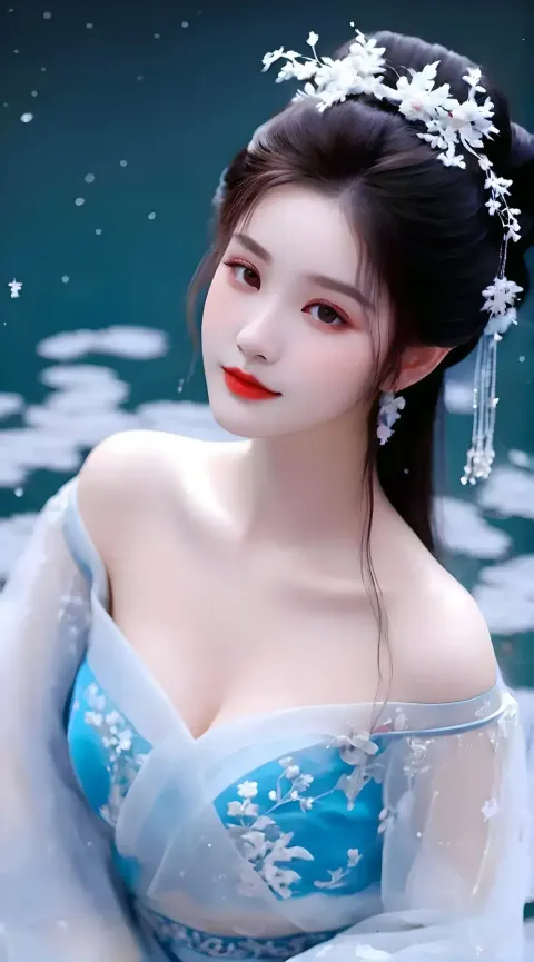 一个身穿蓝色连衣裙、头发上插着一朵白花的女人的特写