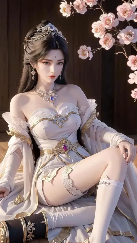 坐在木地板上的身穿白色连衣裙的阿拉夫女人