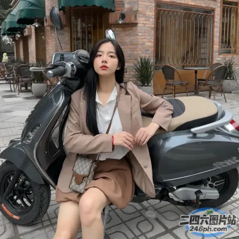坐在建筑物前滑板车上的女人