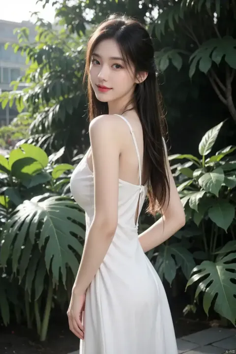 身穿白裙的女子摆姿势拍照