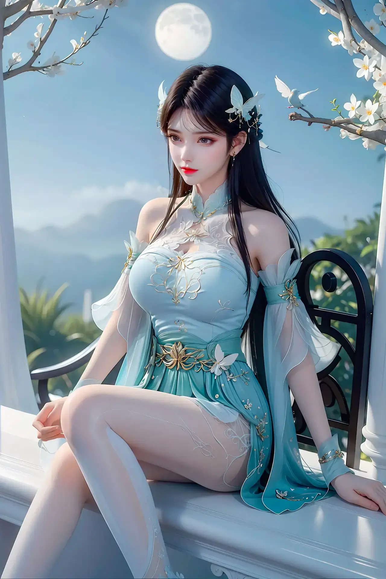 阿拉菲 身穿蓝色连衣裙的亚洲女人坐在长凳上