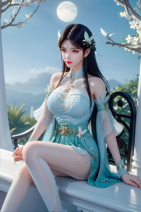 阿拉菲 身穿蓝色连衣裙的亚洲女人坐在长凳上