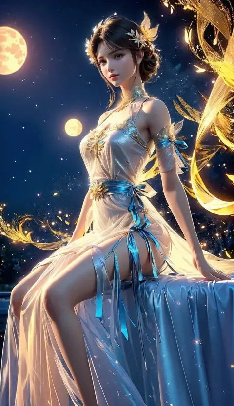 一个穿着裙子的女人坐在一张桌子上，有一条龙