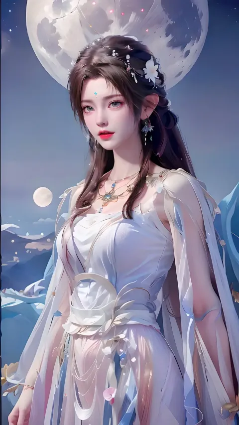 以月亮为背景的白裙动漫女孩