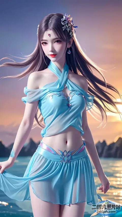 身穿蓝色连衣裙的阿拉夫德亚洲女人站在海滩上