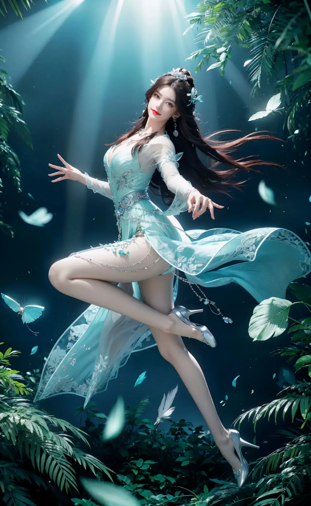 身穿蓝色连衣裙的阿拉夫女人在空中跳舞