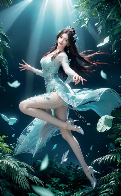 身穿蓝色连衣裙的阿拉夫女人在空中跳舞