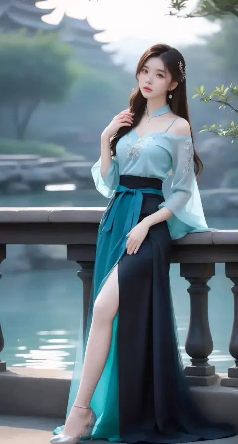 一个身穿蓝色连衣裙的女人在桥上摆姿势