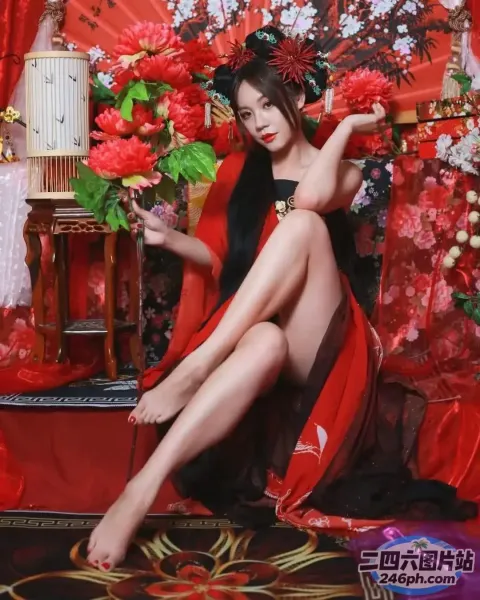 红裙坐在红地毯上的阿拉伯女人