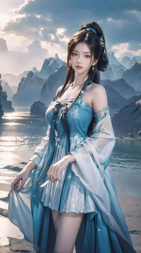 一个身穿蓝色连衣裙的女人站在水边的海滩上