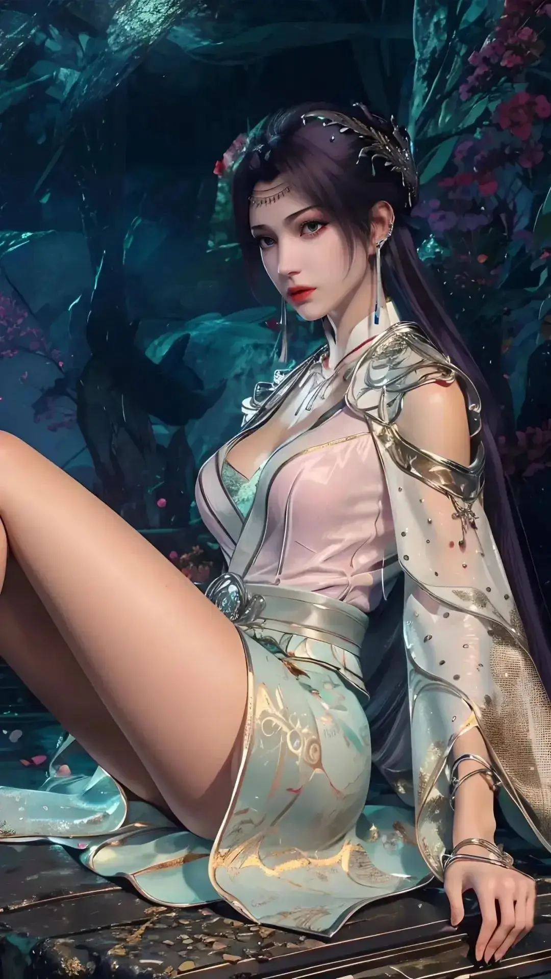 穿着裙子的阿拉夫德女人坐在桌子上，手里拿着一杯酒