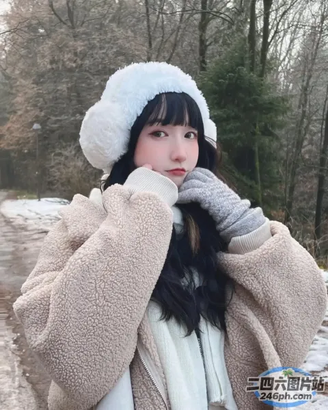 戴着白帽子和外套的 araffe 女人站在雪地里