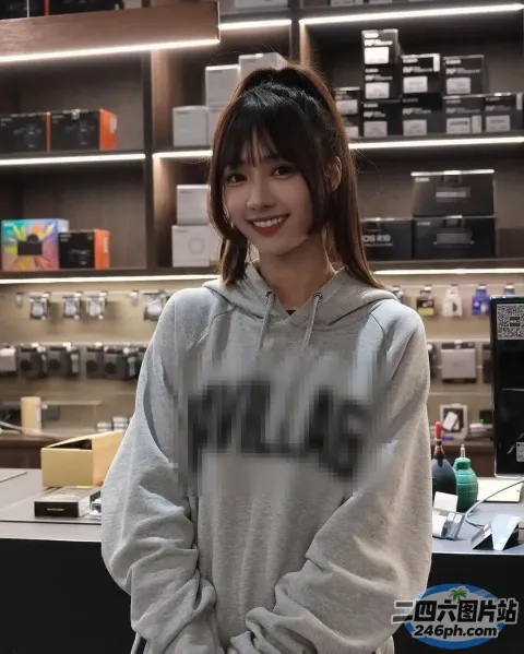 身穿灰色连帽衫的 Arafed 女子站在商店柜台前