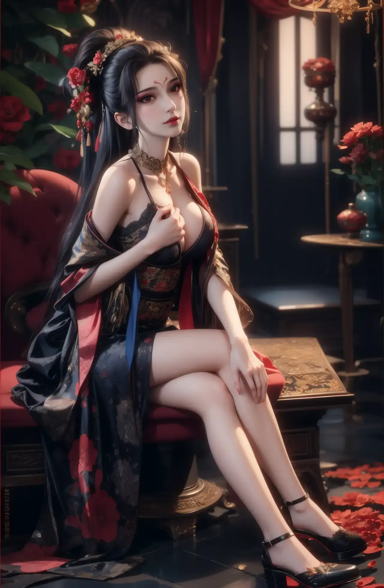 一个女人坐在红色椅子上的特写