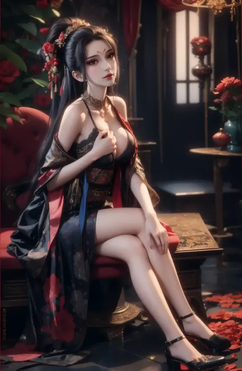 一个女人坐在红色椅子上的特写