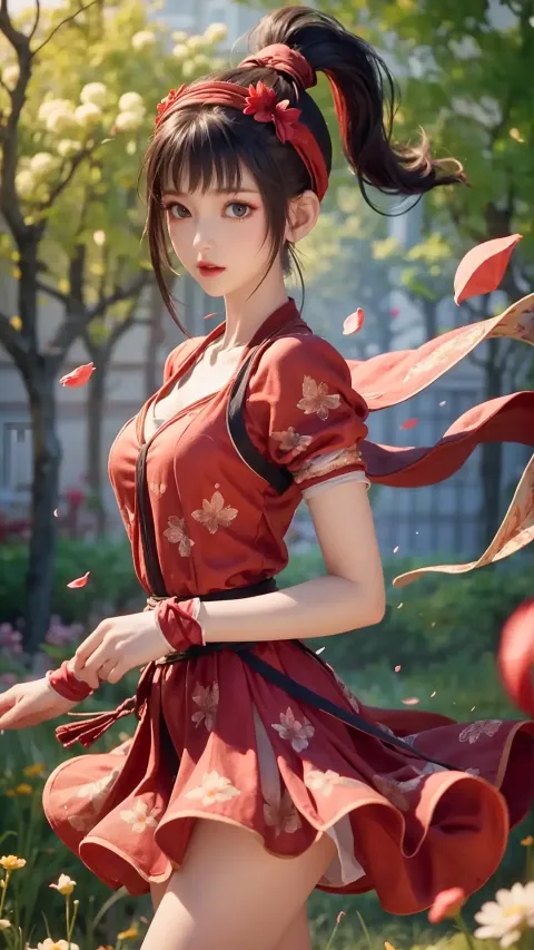 动漫女孩穿着红色连衣裙，戴着红色蝴蝶结和红色连衣裙