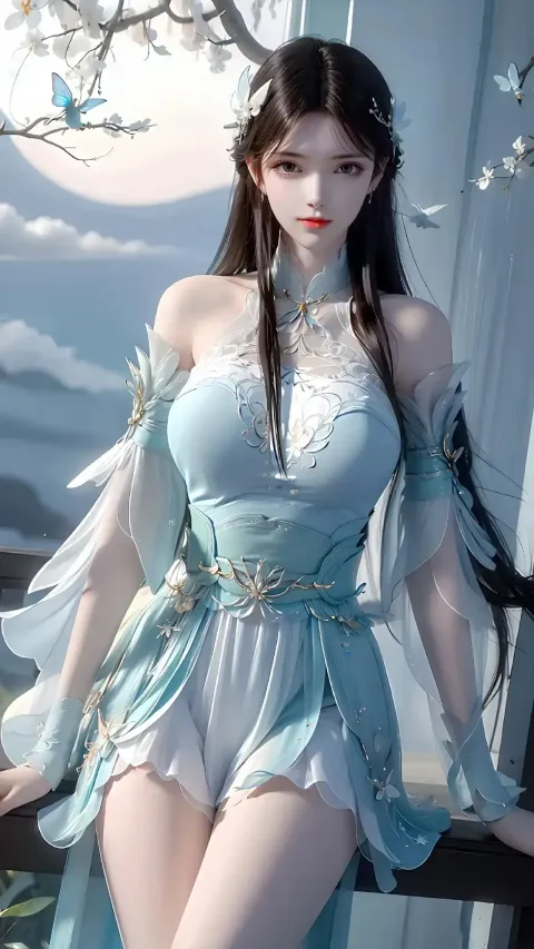 身穿蓝色连衣裙的阿拉夫女人摆姿势拍照