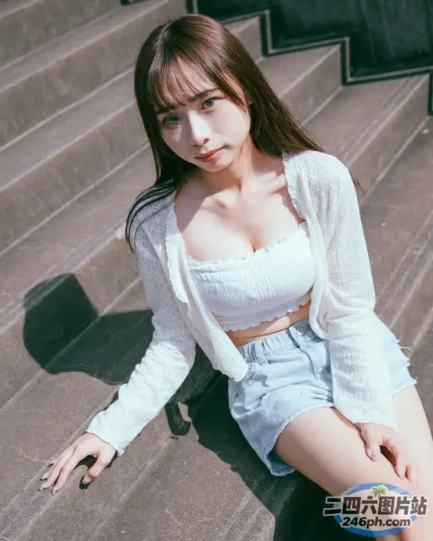 盘腿坐在台阶上的亚裔女子