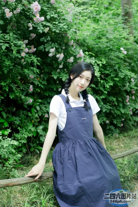 有一个女人站在木栏杆上
