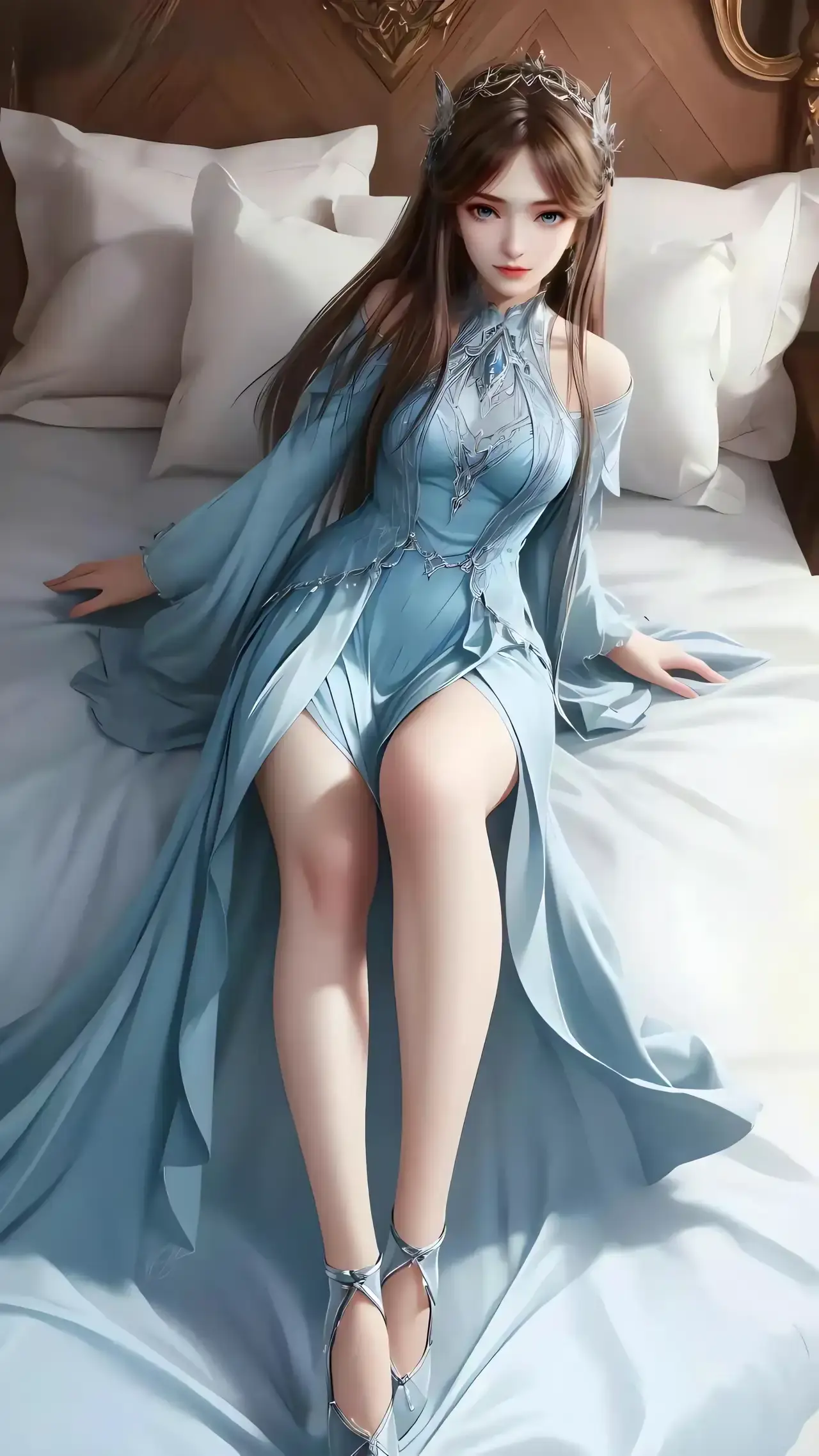一个穿着蓝色连衣裙的女人坐在床上的特写