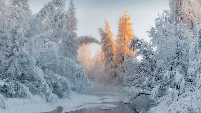 白雪皑皑的树木在森林中的河流两旁，河岸白雪皑皑