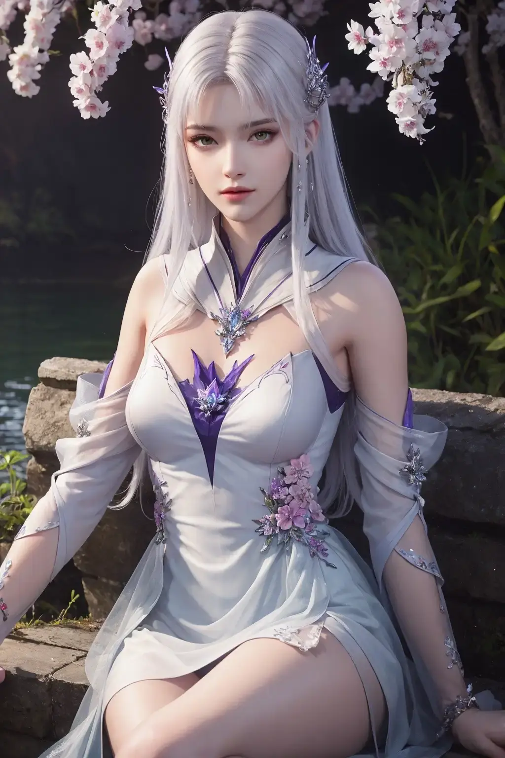 一个穿着裙子的女人坐在石墙上的特写