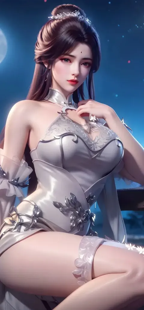 一个穿着银色连衣裙的女人坐在壁架上的特写