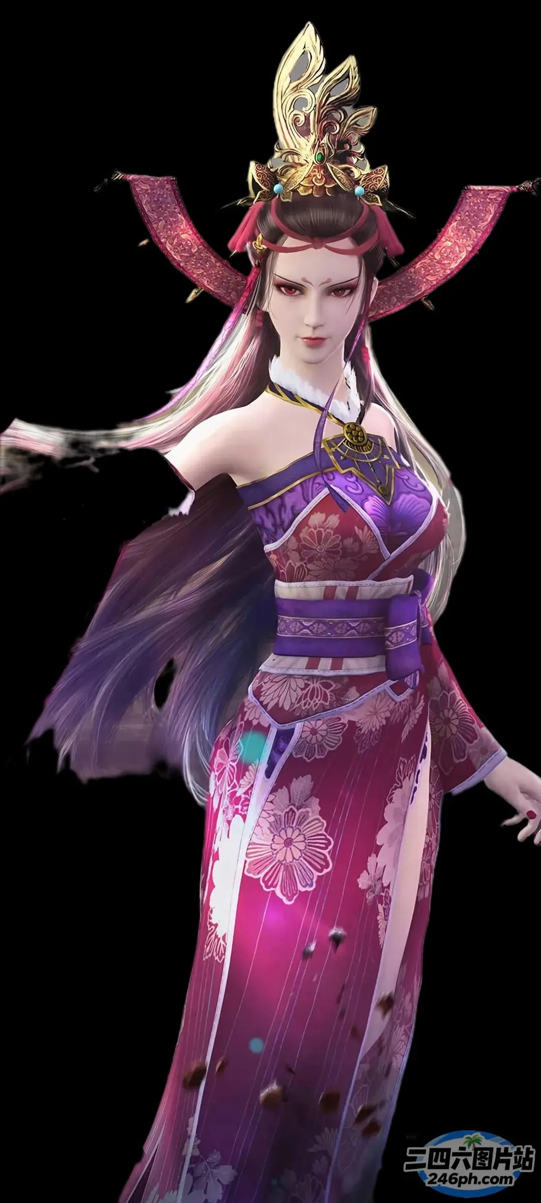 一个身穿紫色连衣裙、头上戴着王冠的女人的特写