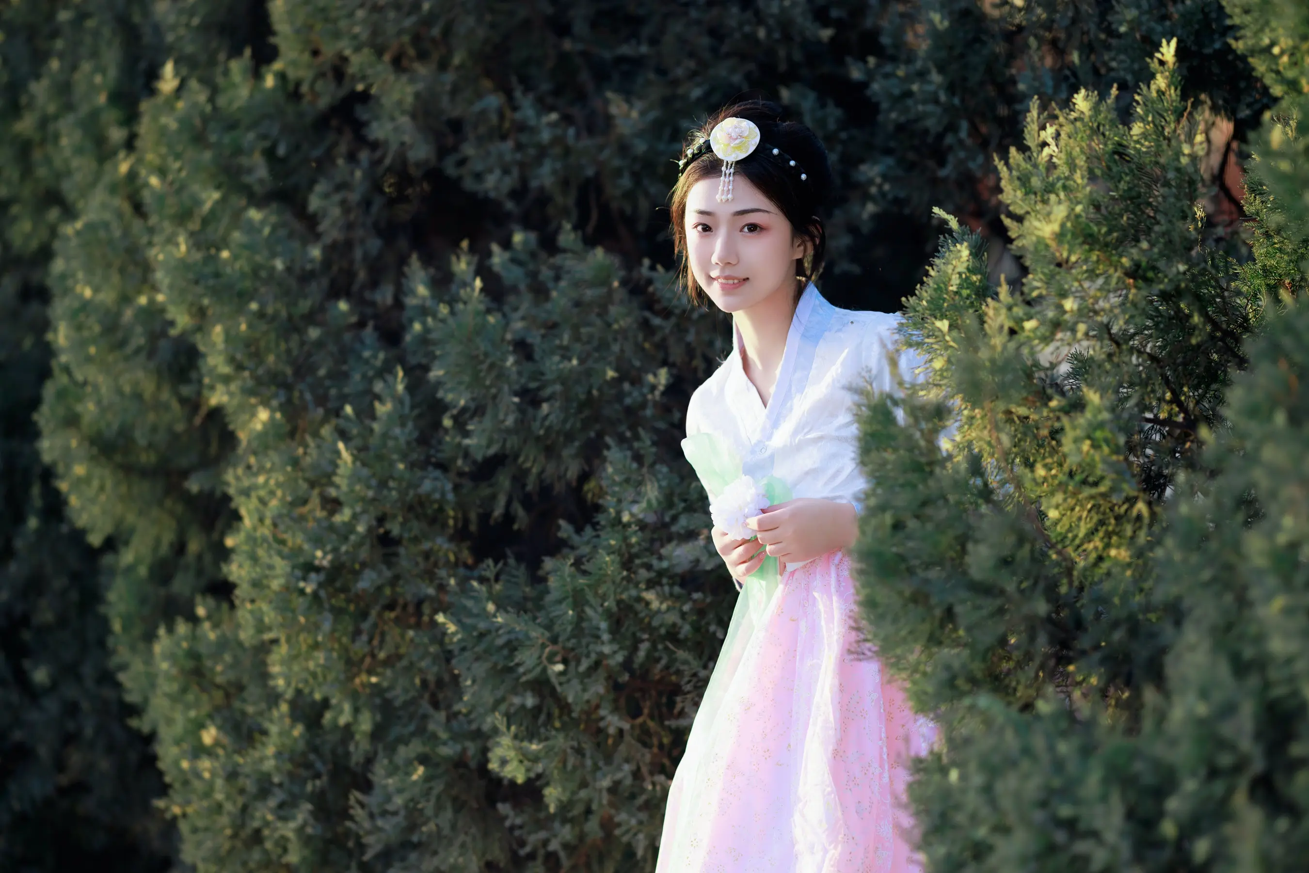 站在灌木丛前的 Araffe 女士
