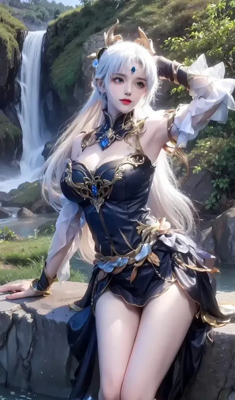 身着cosplay服装的arafed女人在瀑布前摆姿势
