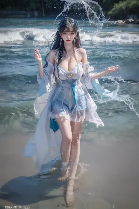 身穿白裙的阿拉夫女人在脸上泼水