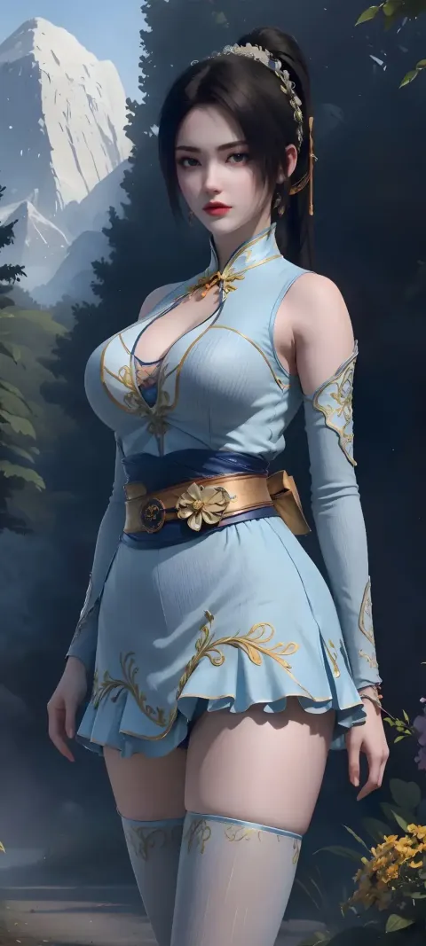 一个身穿蓝色连衣裙的女人的特写镜头，背景是一座山