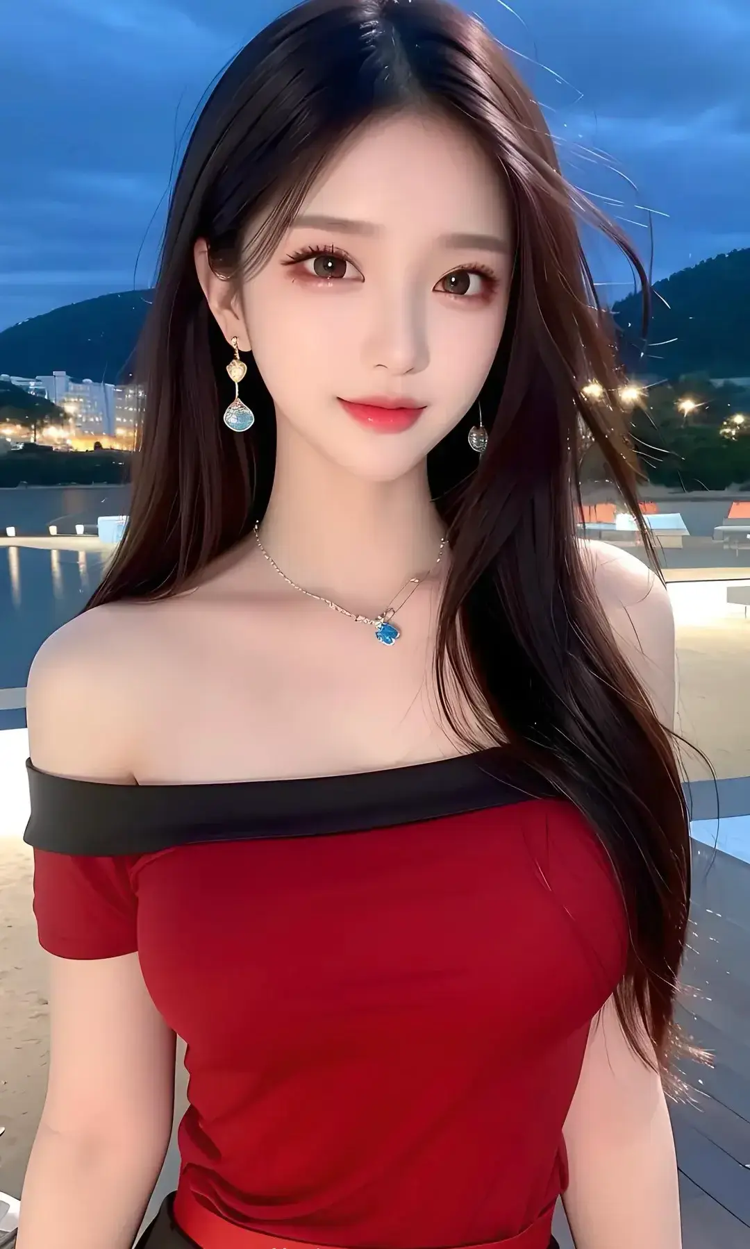一个穿着红色上衣和黑色裤子的女人的特写