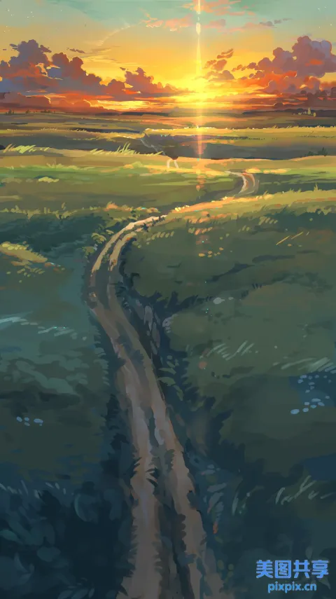 画田野里的土路，背景是日落