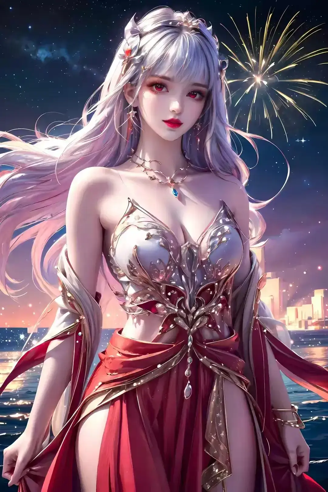 一个身穿红色连衣裙的女人站在海边的海滩上