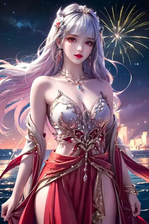 一个身穿红色连衣裙的女人站在海边的海滩上