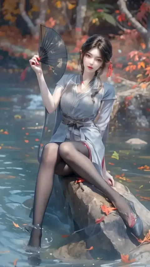 身穿灰色连衣裙的阿拉夫女人坐在水体中的岩石上
