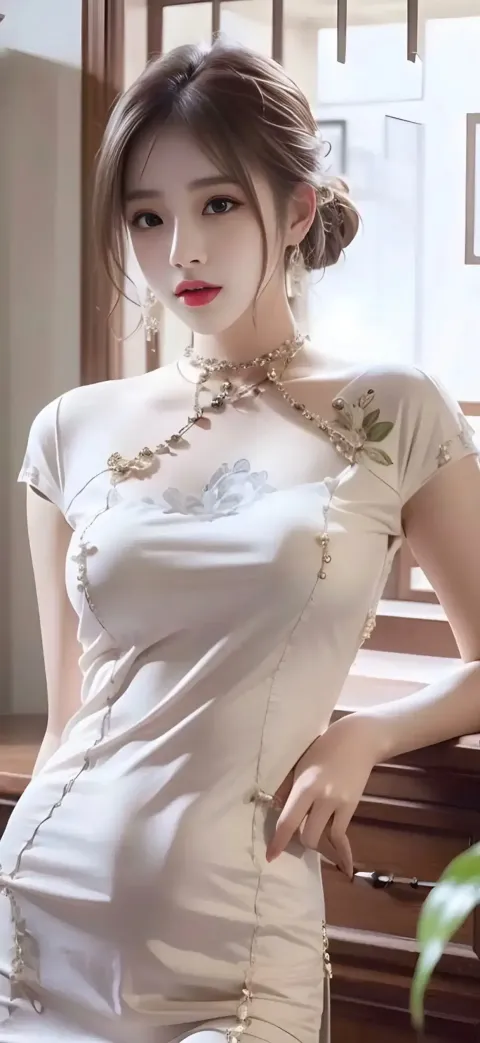 一个穿着白色连衣裙摆姿势拍照的女人的特写