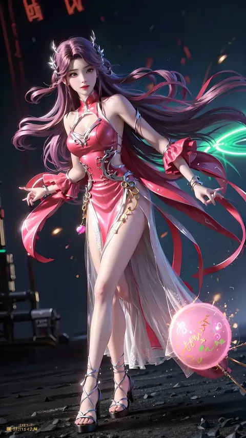 长发粉色连衣裙的动漫女孩拿着粉红色的气球