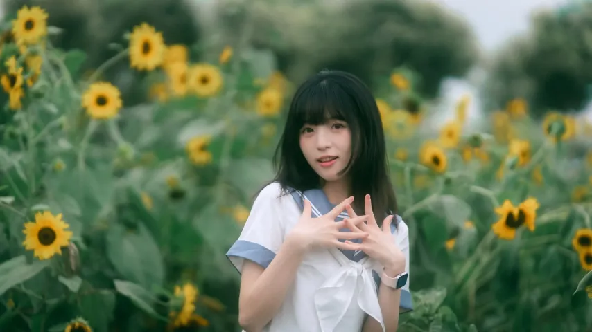 有个女人站在一片向日葵田里做个招牌